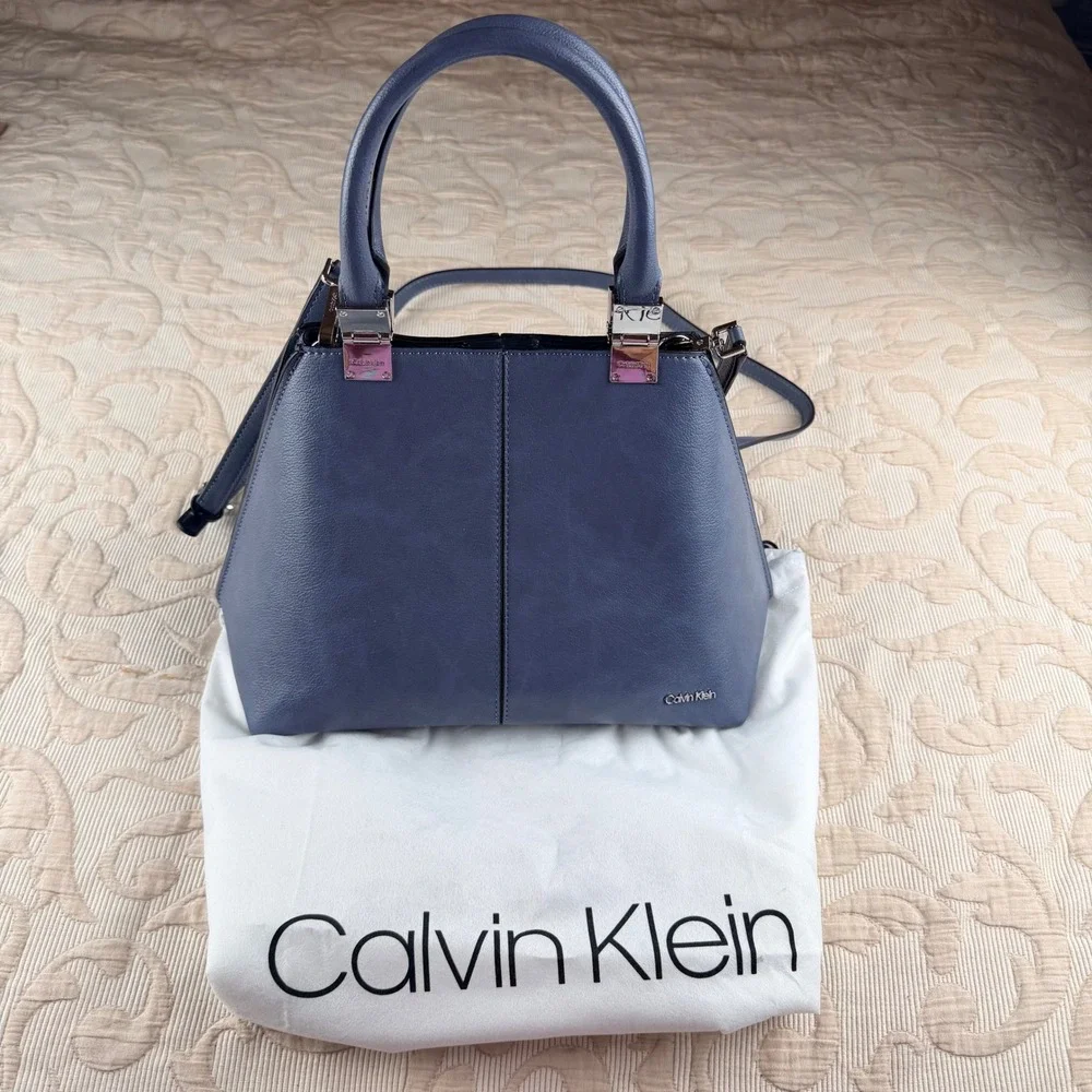 Calvin Klein Slate Blue Geometric Satchel Crossbody Bag Silver Hardware